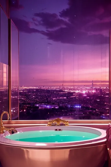 dreamy, luxurious bathroom with satin metallic furniture at twilight with a view overlooking of a city. gradient of purples and ...