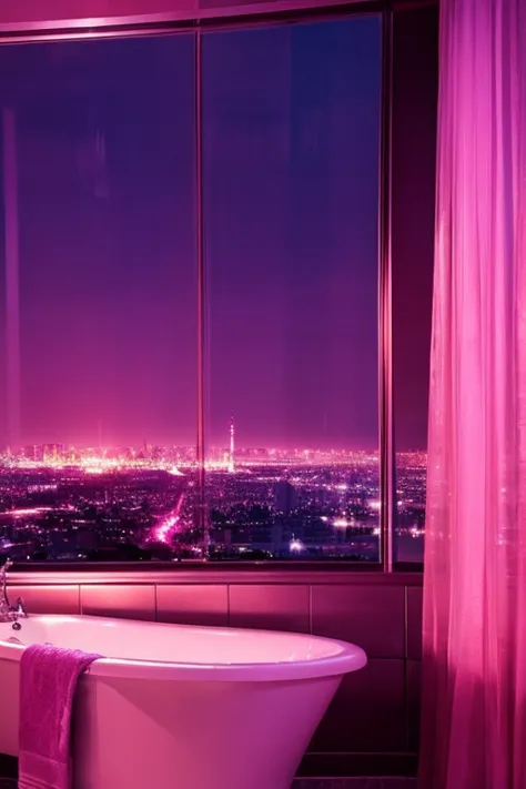 dreamy, luxurious bathroom with satin metallic furniture at twilight with a view overlooking of a city. gradient of purples and ...