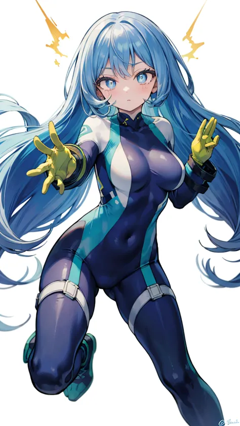 nejirehadu, torsion wave,  blue eyes ,  blue hair , long hair,
壊す blue  bodysuit ,  bodysuit , drill hair, gloves, green  bodysu...