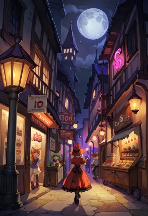 Medieval streets, alleys, deep night:1.4, midnight:1.8, glowing light, drop shadow, moon:1.3, Pitch black, Progressive Nights, moonlight:1.3, Cat footprints, Shine, Continue deeper, A Magical Shop, UHD, masterpiece, best quality, high details:1.4, Incredible resolution