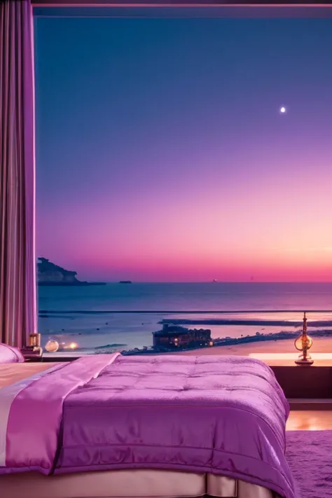 dreamy, luxurious bedroom with satin metallic furniture at twilight with a view overlooking of seaside. gradient of purples and ...