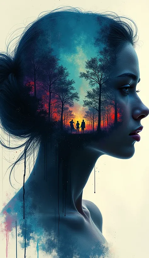 Abstract portrait of the face of a beautiful woman. His features, such as the eyes, nose and lips, are clearly visible, but they are painted in a way that combines the colors perfectly, within the silhouette of the face you can see a landscape of a night f...