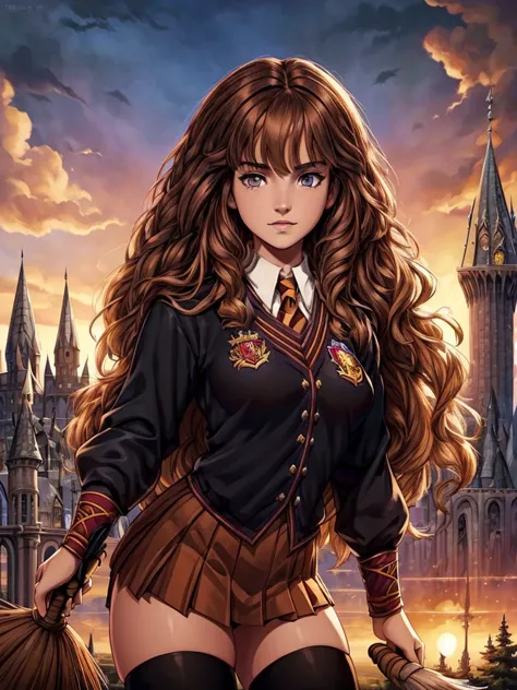 ((ultra quality)), ((masterpiece)), hermione granger, harry potter, an epic picture, ((brown-haired long hair)), (beautiful face...