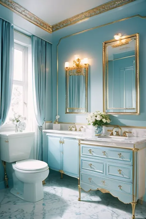 dreamy, heavenly, ethereal, luxurious bathroom with powder blue and white satin metallic furniture, enhancing the magical, seren...