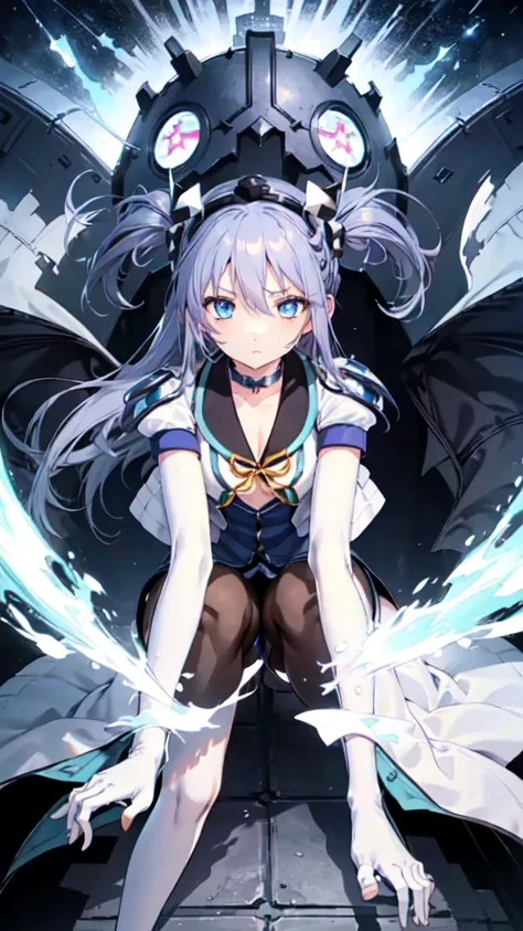 Symphonic_sugar,light blue hair,navy blue eyes,hair ornament,long hair,white long_glove,light blue short dress,black pantyhose,high heel, small,
((Destroy the whole body)),Squat， feet ， Raise Your Arms Back，
 Break White Backgrounds ，Break from below ， loo...