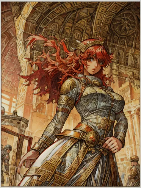 athena wearing roman helmet, red hair, manga style, digital art