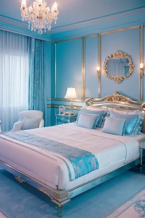 dreamy, heavenly, ethereal, luxurious bedroom with powder blue and white satin metallic furniture, enhancing the magical, serene...