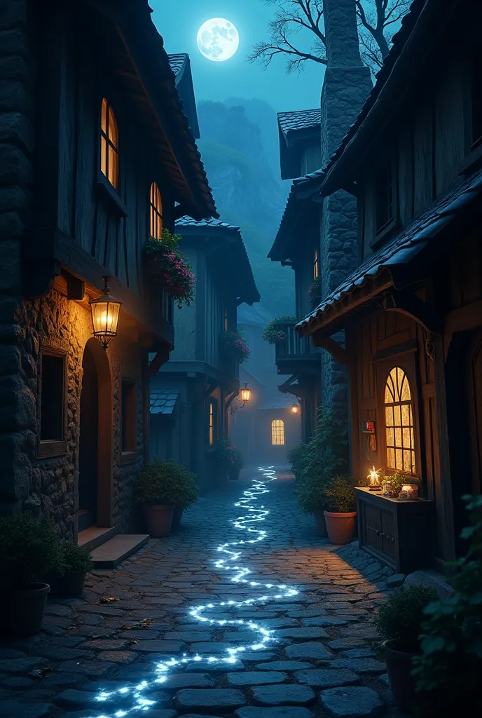 Medieval streets, alleys, deep night:1.4, midnight:1.8, glowing light, drop shadow, moon:1.3, Pitch black, Progressive Nights, moonlight:1.3, Pale-white glowing cat footprints:1.8, Shine, Continue deeper, A Magical Shop, UHD, masterpiece, best quality, high details:1.4, Incredible resolution