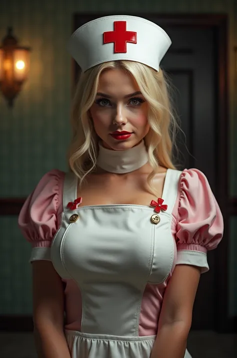 female cosplayer as cute sexy nurse in Halloween outfit , very realistic  photo