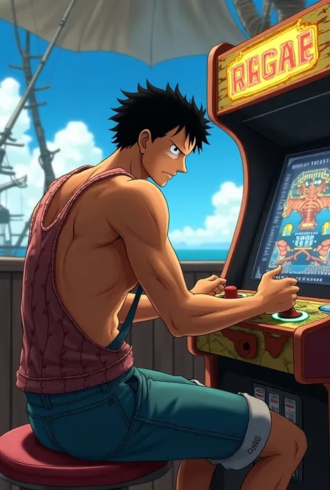 Usopp, muscular and stylish ,  playing arcade on the boat 
