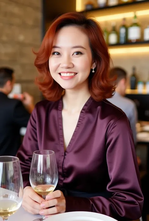 realistic full body portrait of a german red-haired young woman aged 23, ponytail, necklace, smile. she sits in front of the cam...