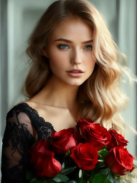 beautiful woman,  long blond hair, blue eyes,  big breasts, black lace lingerie, bouquet of red roses, full body image,  high re...