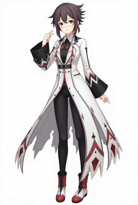 Yunyun by Konosuba 

1 .  Long asymmetric jacket :  The jacket is predominantly white with gray and black details .  It has a structured design in shoulders and extends downwards in a kind of long coattails in shades of gray and red ,  giving it a dramatic...