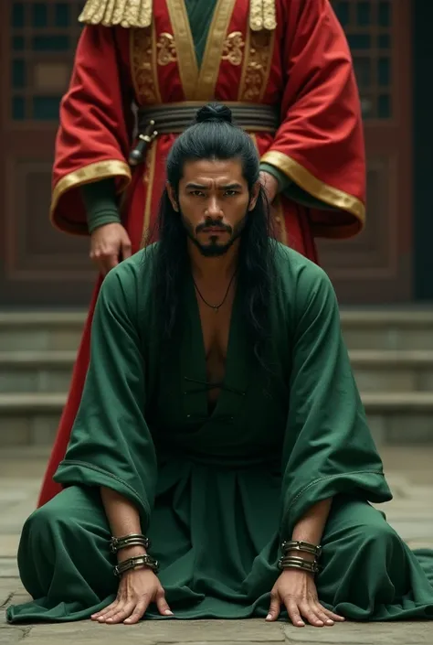 Man in green chinese silk robe and long black hair on his knees with hand shackled, a man in red and golden warrior dress standing behind him with sward in a protective manner, young historical couple, both face face clear