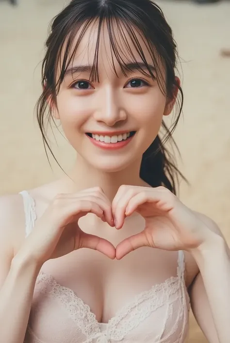 They are wearing off-shoulder pajamas, making a firm big heart shape with both hands, and holding them in front of their chest, View above collarbone、Throat up for a cute smile、Monotone background

