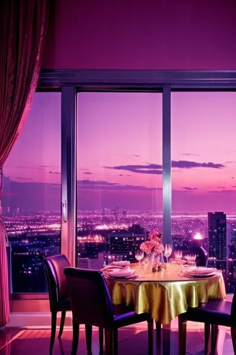 dreamy, luxurious dining room with satin metallic glossy furniture at twilight with a view overlooking of a city. gradient of purple and pink sky, enhancing the magical, serene atmosphere. 1989 retro film still, retrowave