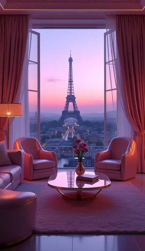 dreamy, luxurious living room with satin metallic glossy furniture at twilight with a view overlooking of paris city. gradient of purple and pink sky, enhancing the magical, serene atmosphere. 1989 retro film still, retrowave