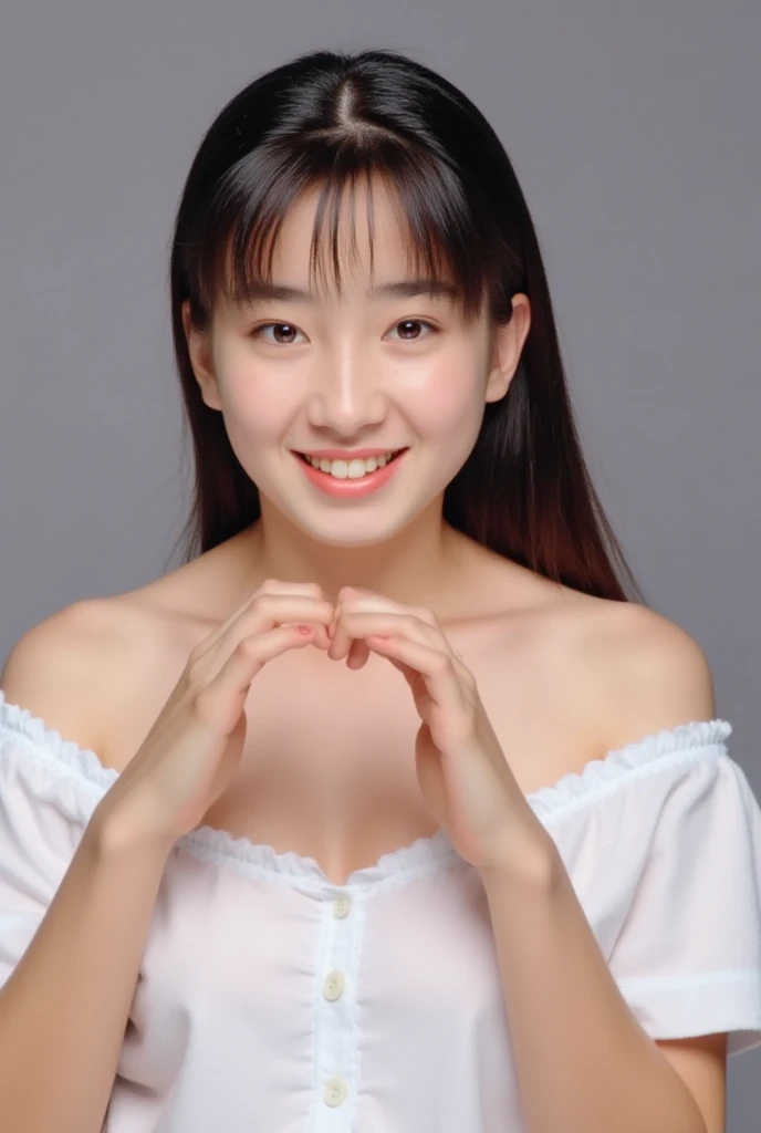 They are wearing off-shoulder pajamas, making a firm big heart shape with both hands, and holding them in front of their chest, View above collarbone、Throat up for a cute smile、Monotone background

