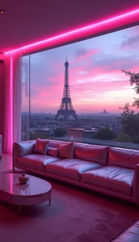 dreamy, luxurious living room with satin metallic glossy furniture at twilight with a view overlooking of paris city. gradient of purple and pink sky, enhancing the magical, serene atmosphere. 1989 retro film still, neon retrowave