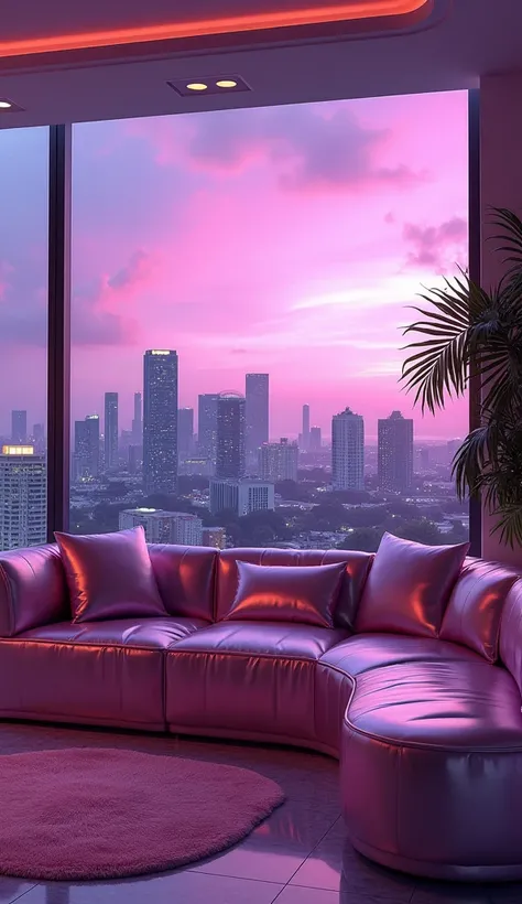 dreamy, luxurious living room with satin metallic glossy furniture at twilight with a view overlooking of miami city. gradient of purple and pink sky, enhancing the magical, serene atmosphere. 1989 retro film still, retrowave