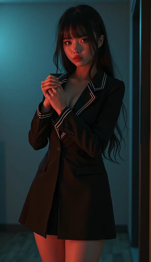 a sexy woman in a minimal school uniform, seductive, flirty pose, full body view, photorealistic, high quality, 8k, masterpiece, detailed face, beautiful eyes, beautiful lips, amazing lighting, moody atmosphere, cinematic, dramatic, hyper detailed