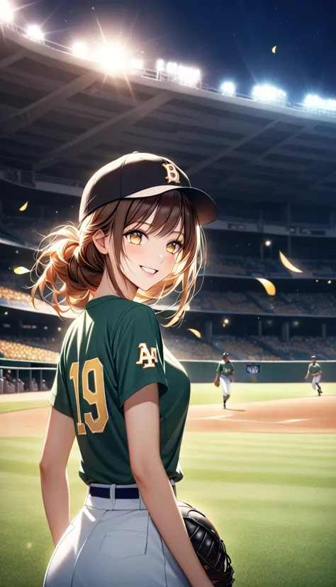 a cute young girl at a baseball stadium during an evening game, smiling brightly as she looks back towards the camera. she is we...