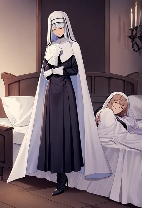 (2girls, couple) nun, long skirt, long over loose sleeves, white gloves, faceless, handless, nun outfits, 
cape covering whole b...