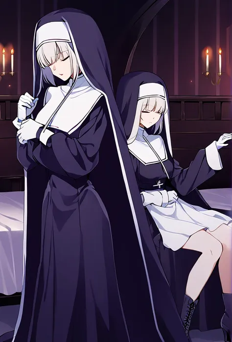 (2girls, couple) nun, long skirt, long over loose sleeves, white gloves, faceless, handless, nun outfits, 
cape covering whole b...