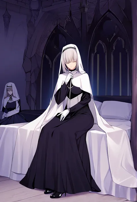 (2girls, couple) nun, long skirt, long over loose sleeves, white gloves, faceless, handless, nun outfits, 
cape covering whole b...