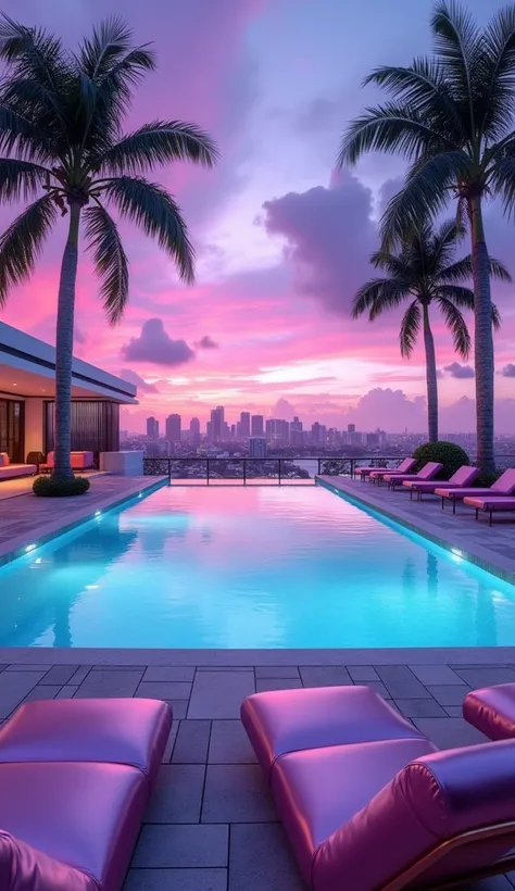 dreamy, luxurious swimming pool with satin metallic glossy furniture at twilight with a view overlooking of miami vice city. gradient of purple and pink sky, enhancing the magical, serene atmosphere. 1989 retro film still, retrowave, wide shot