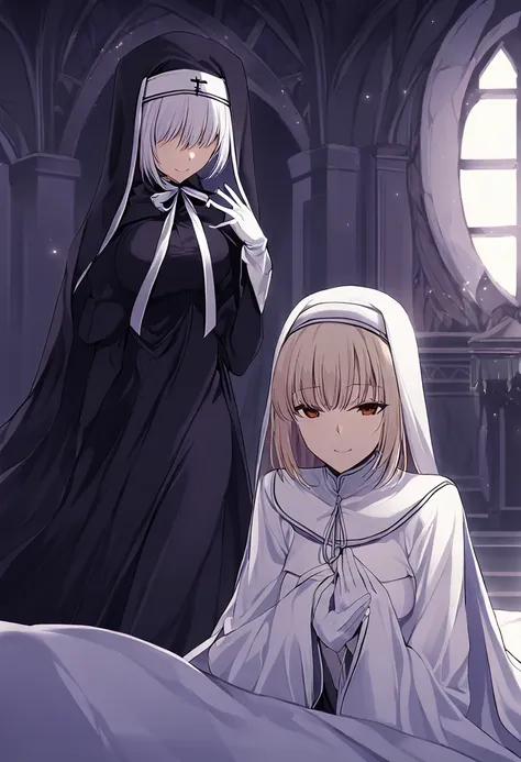 (2girls, couple) nun, long skirt, long over loose sleeves, white gloves, faceless, handless, nun outfits, 
cape covering whole b...