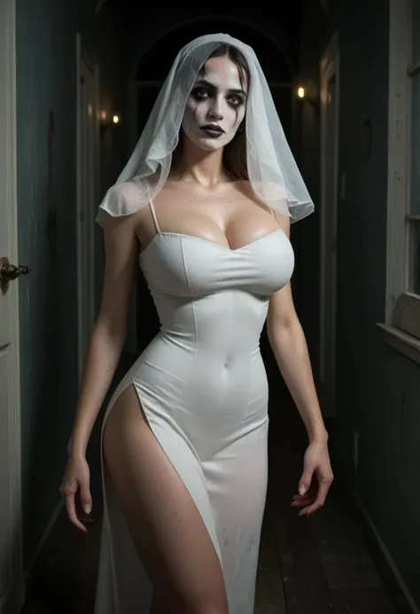 subtly censor  ,  image suitable for the public . ambiente macabro, horror scene.  supersexy woman wearing a ghost costume  .  a...