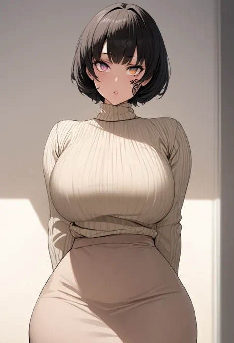 tsume inuzuka, huge_breasts,  standing, alone, facial_tattoo, sweater,,  masterpiece , better_quality, detailed_rostro, detailed...