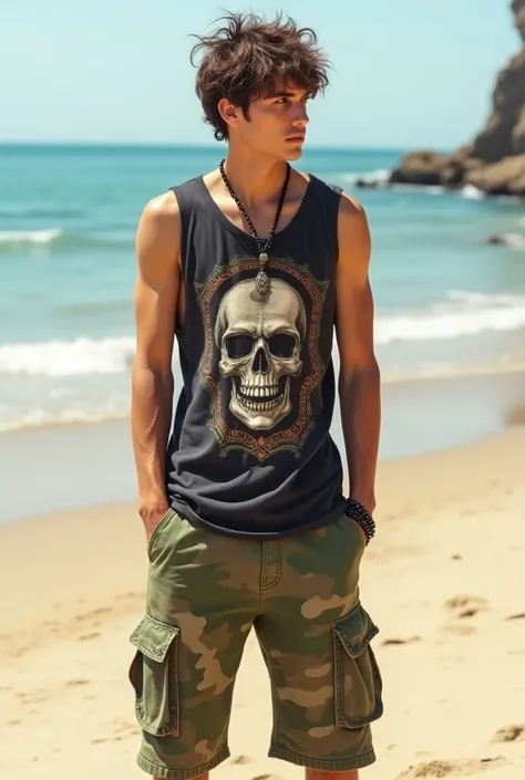 " A young man wearing a dress 
An alternative style beach outfit inspired by the fashion of the 2000s . . Wear an embroidered sleeveless t-shirt with a graphic skull or rock band design on the front. The shorts are Mayan ,  camouflage shorts in military gr...