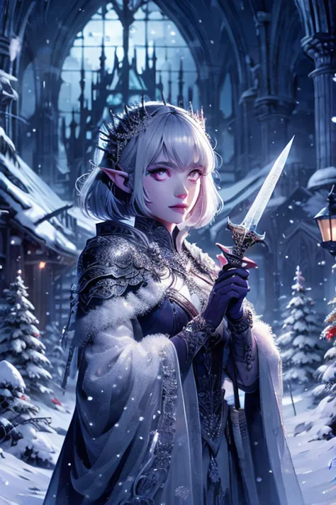 a beautiful snow queen holding an intricate ice sword, the blade glistening with sparkling ice particles, majestic winter landsc...