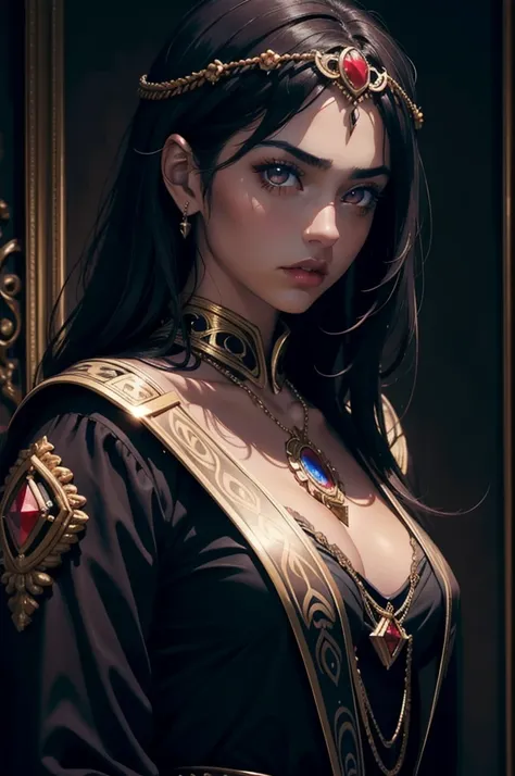 a beautiful 20 year old woman, human, dark tan skin, dark hair, dark eyes, high detail, portrait, ruby circlet, fully clothed, dark fantasy bandit, dramatic lighting, cinematic composition, ornate clothing, intricate details, chiaroscuro, fantasy art, digi...