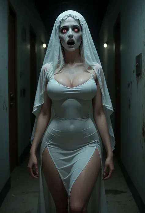 subtly censor  ,  image suitable for the public . ambiente macabro, horror scene.  supersexy woman wearing a ghost costume  .  a...