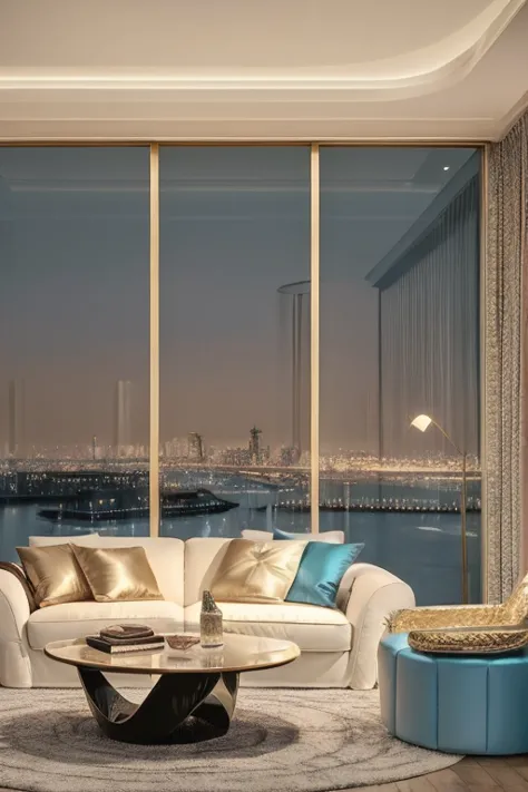 dreamy, luxurious living room with satin metallic glossy furniture at twilight with a view overlooking of london. gradient of li...