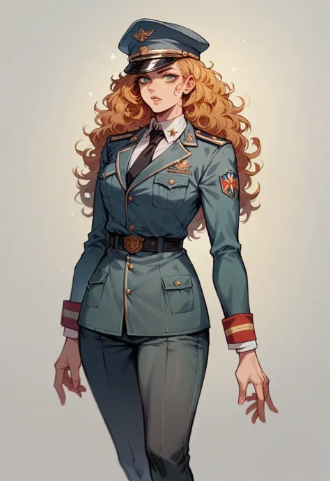 military woman, navy uniform, curvy, athletic body, black long curly hair, captain&#39;s hatextremely muscular woman, flawless p...