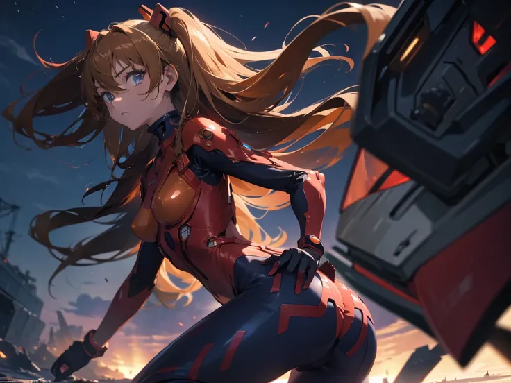 (masterpiece), Best quality expressive eyes, Perfect face, 1 Girl, Solitary, Soryu Asuka Rangra, Interface Headset, wearing a Full red EVA pilots combat suit, Permanent, Split your legs apart, sexy poses, pussy, anus, ass close-up, from below,outdoor, Suff...