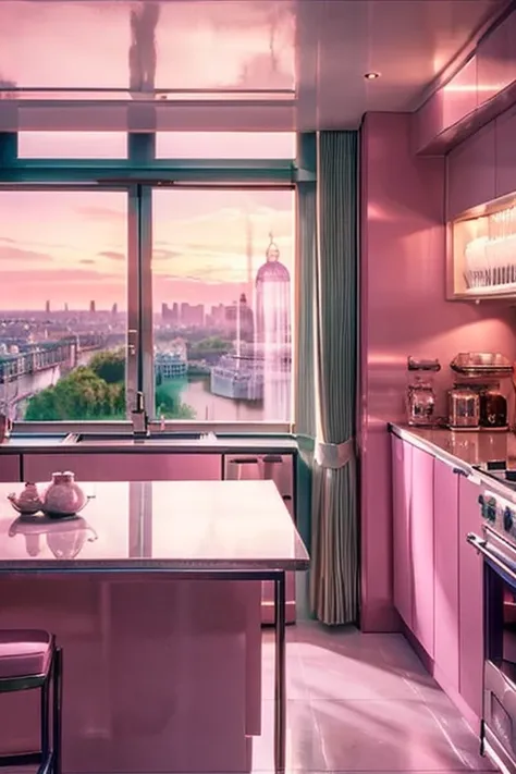 dreamy, luxurious kitchen with baby pink satin metallic glossy furniture at early morning with a view overlooking of london. enhancing the magical, serene atmosphere. 1989 retro, retrowave,