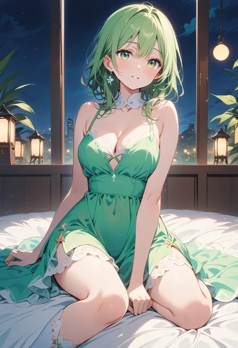 pure green hair ，  green eyes  ，night，  pure green dress