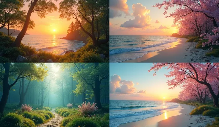 /imagine prompt: color photo of:
A vibrant sunset over a calm ocean,
Golden light filtering through lush green leaves,
Soft pink cherry blossoms against a clear blue sky
, A tranquil and serene beach at dusk,
A sense of peace and harmony in the air
, Canon...