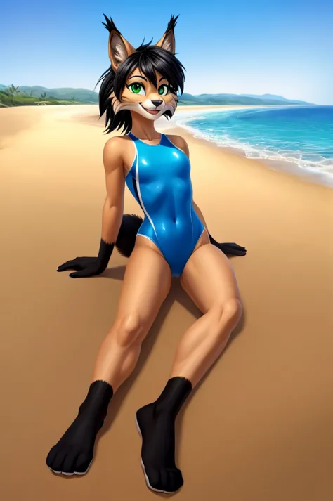 lynx is a slim skinny cartoon girl in a tight lycra swimsuit on the beach with a happy face,  green eyes ,  black hair , black t...