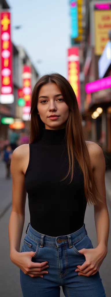 random angle shot of a magmix girl with long hair, wearing a black sleeveless turtleneck top, waist, jeans, in a vibrant urban s...