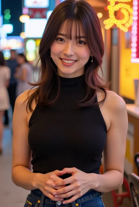 random angle shot of a magmix girl with long hair, wearing a black sleeveless turtleneck top, waist, jeans, in a vibrant urban s...