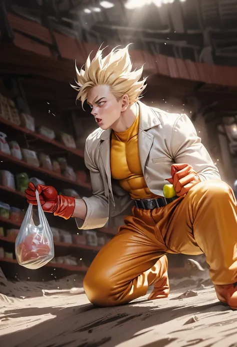  masterpiece , la mejor calidad, 1 ,realistic,    Saitama, animated, a hit , ,  yellow body suit ,  belt, red gloves,  white coat, groceries,  holding a plastic bag, 
  kiss between Goku and Saitama ,  Saitama puts his penis in Goku  