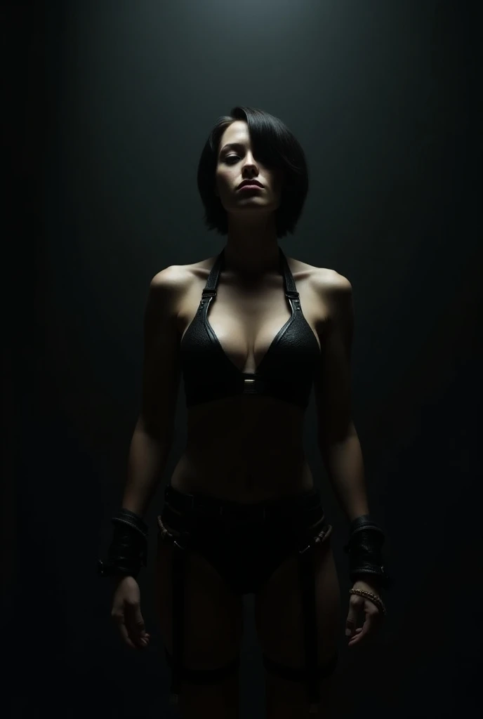 a dominatrix with whips and harnesses with short hair whose face is not visible in the dark with a mysterious smile