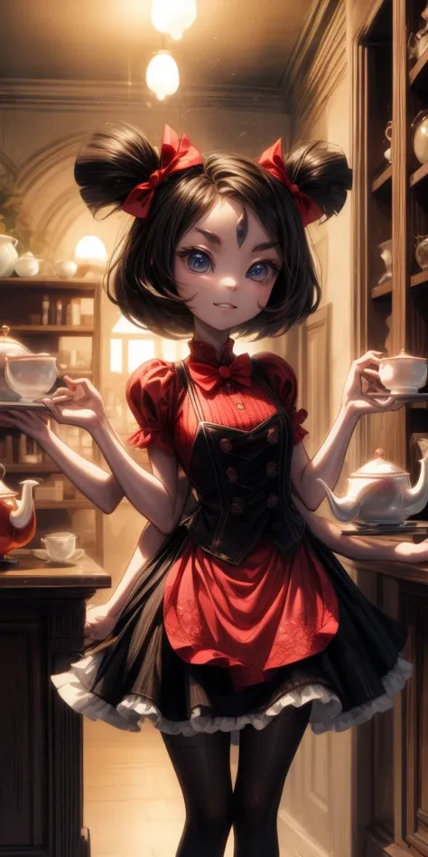  a girl,Chibi, looking at the spectator ,smiling,happy,short black curly hair, standing, Inside tea shop,mini skirt 