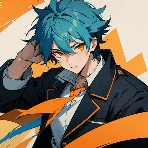 1 boy, turquoise hair, orange eyes, black academia uniform, handsome, orange eye liner, high quality, high quality